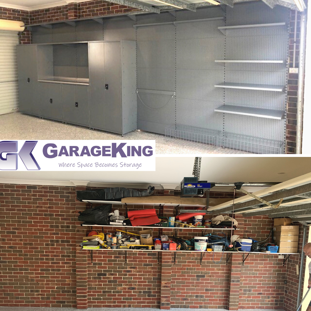 A before and after image of a garage storage installation by GarageKing Garage Storage Solutions
