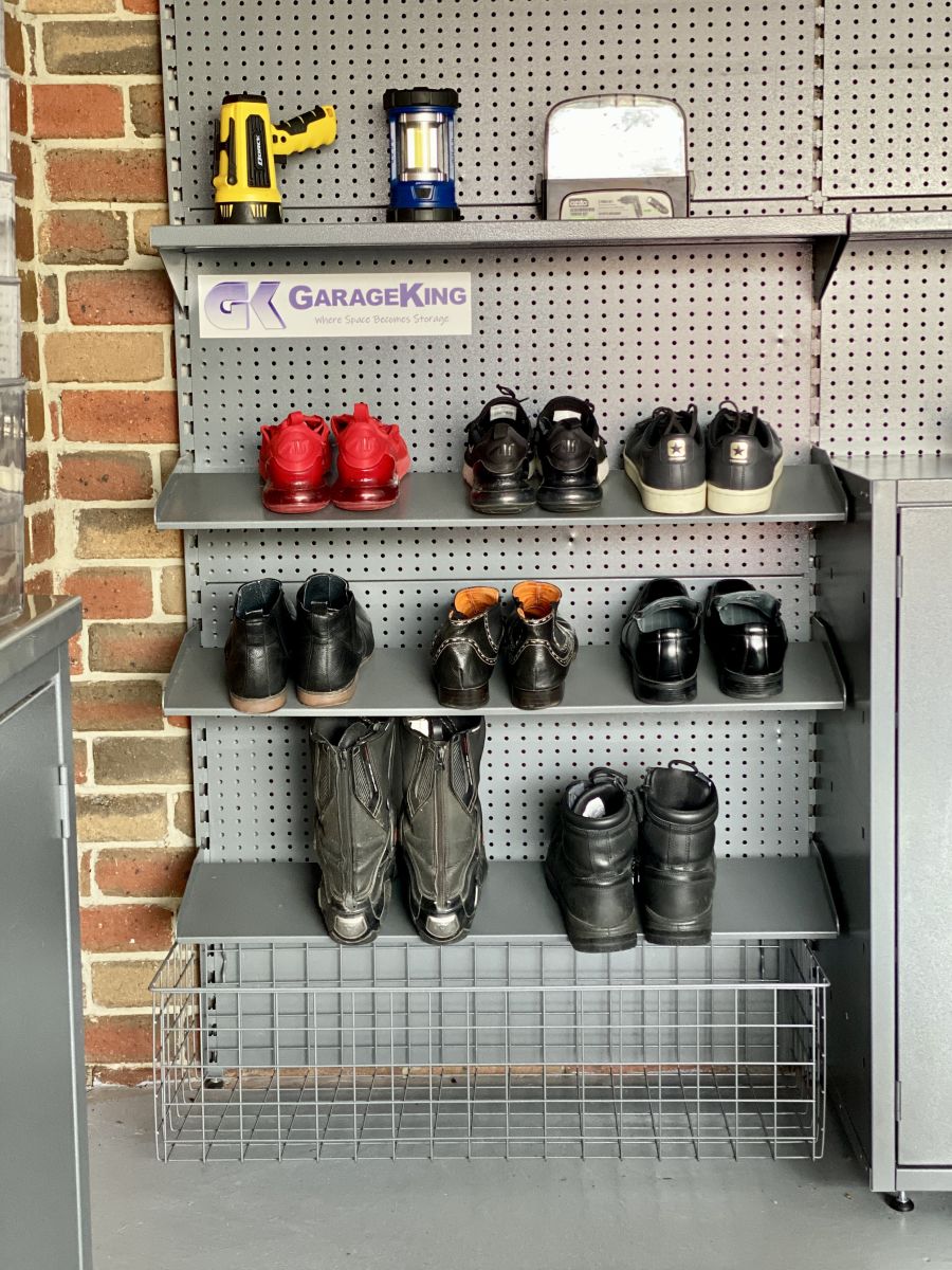 Men's shoes on a garage shoe rack