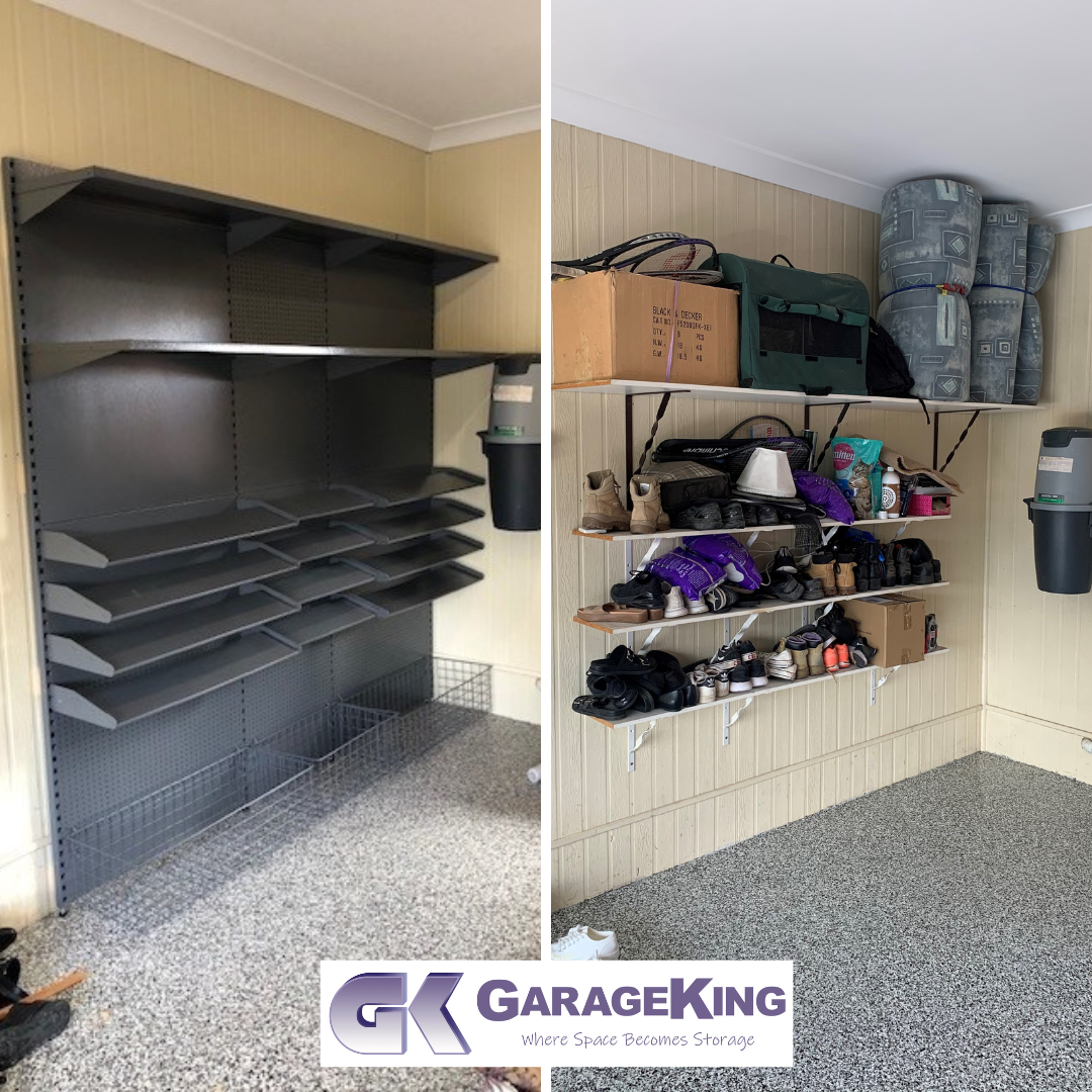 Garage storage system with shoe racks and wire baskets