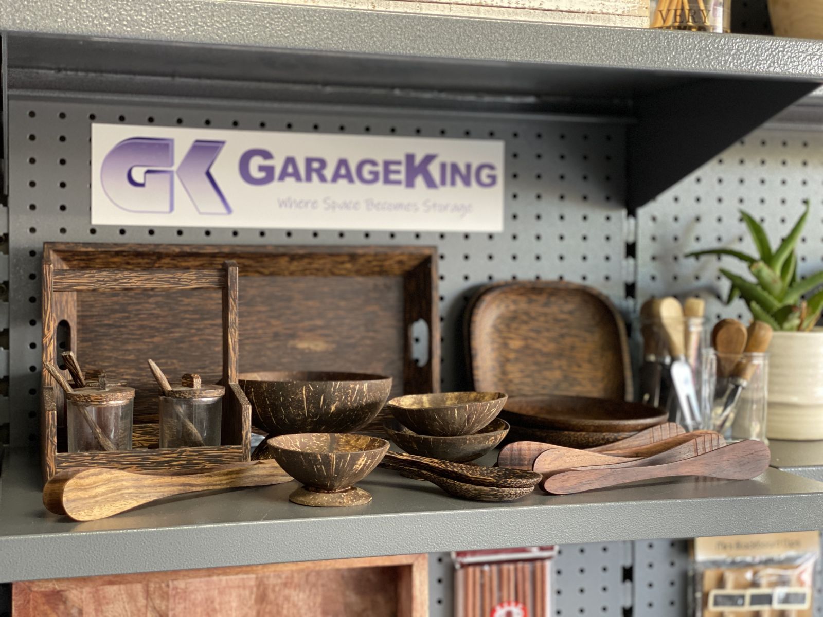 Garage storage shelf and pegboard with homewares