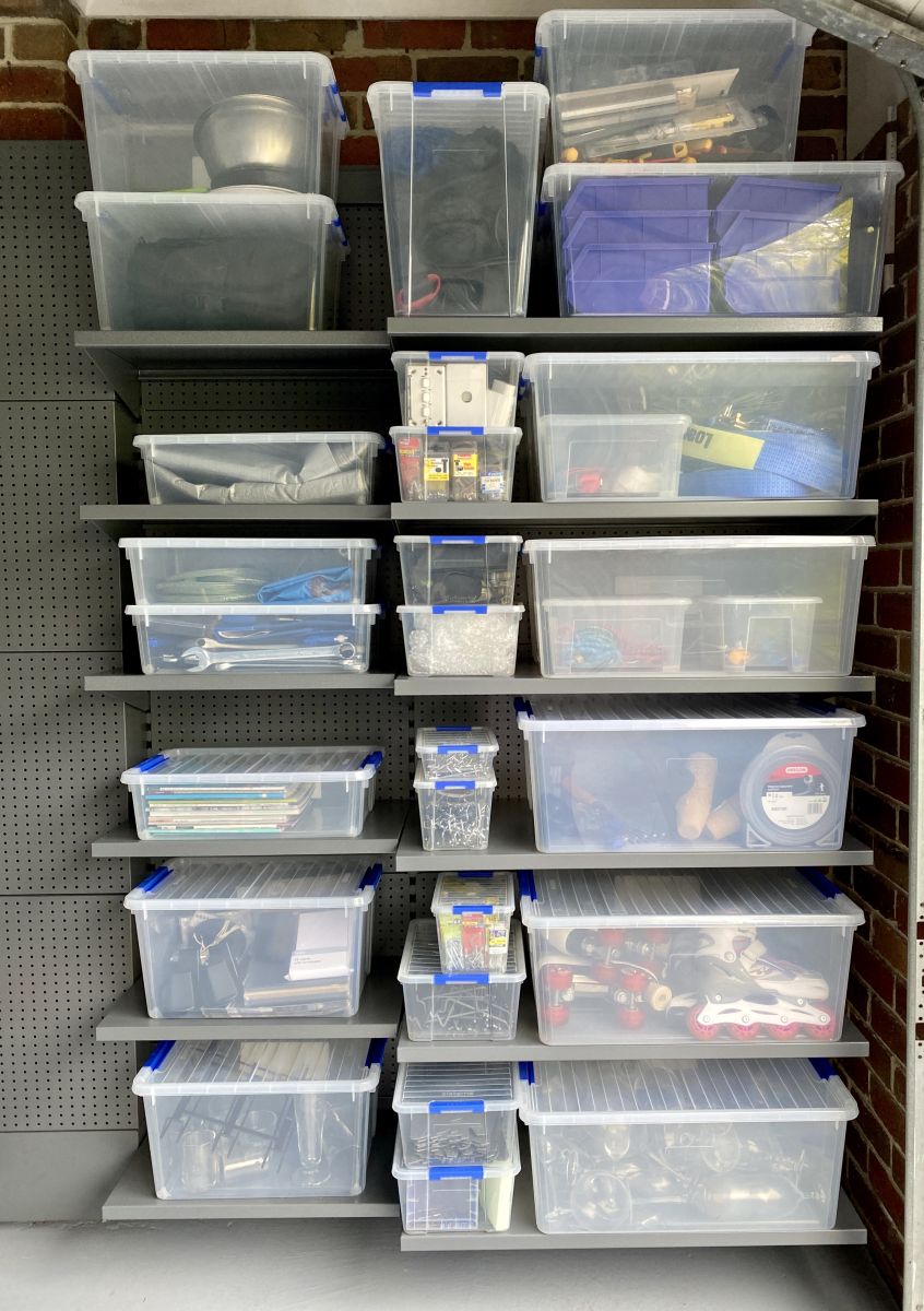 GarageKing garage storage shelves with system plastic storage tubs