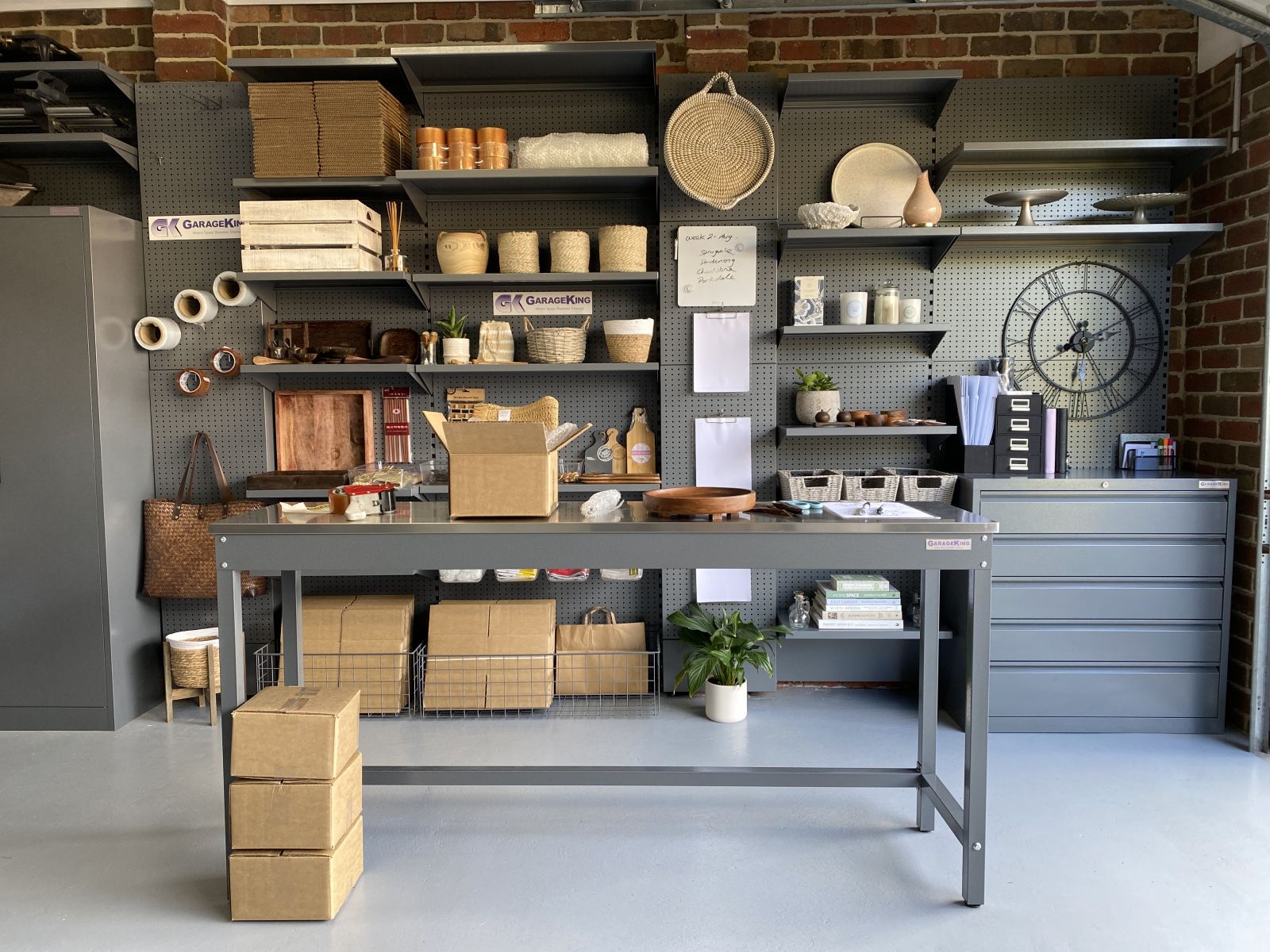 A homewares storage shelving system for a homewares business in a garage