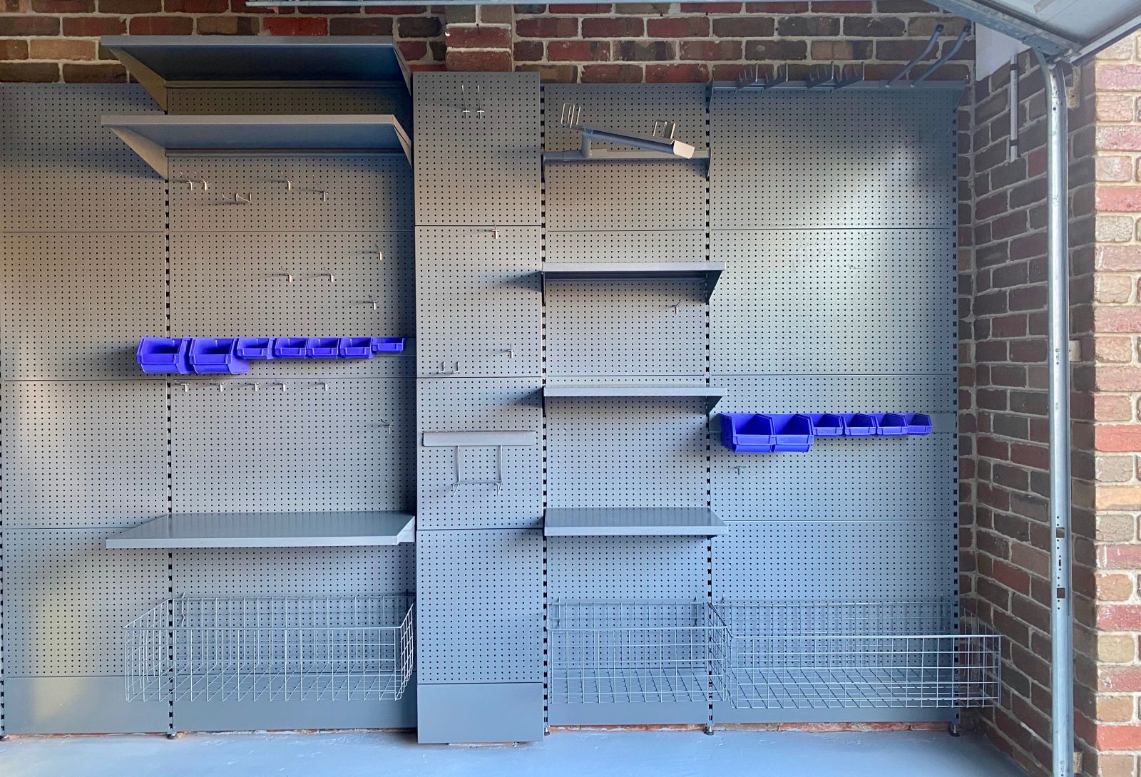 Garage storage system with garage storage shelves, wire storage baskets, hook and brackets