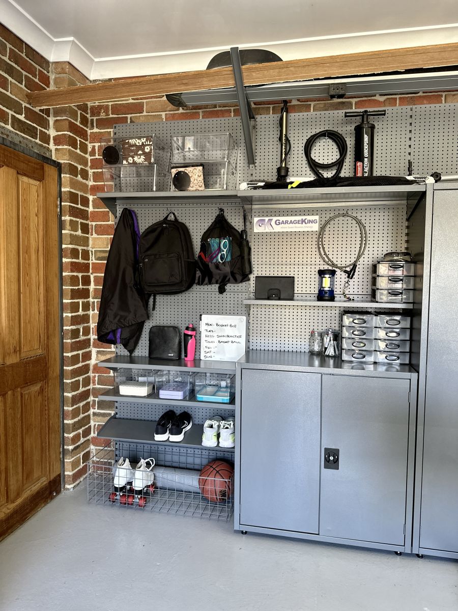 Garage storage mudroom in a home garage