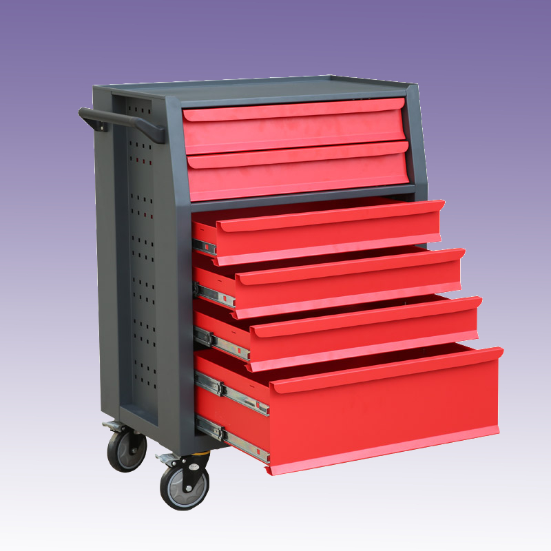 Metal tool trolley with red drawers